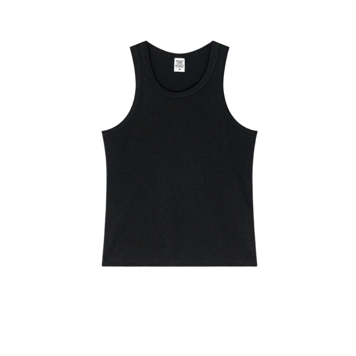 Black ribbed tank top laid flat on a white background, with a visible tag