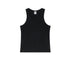 Black ribbed tank top laid flat on a white background, with a visible tag