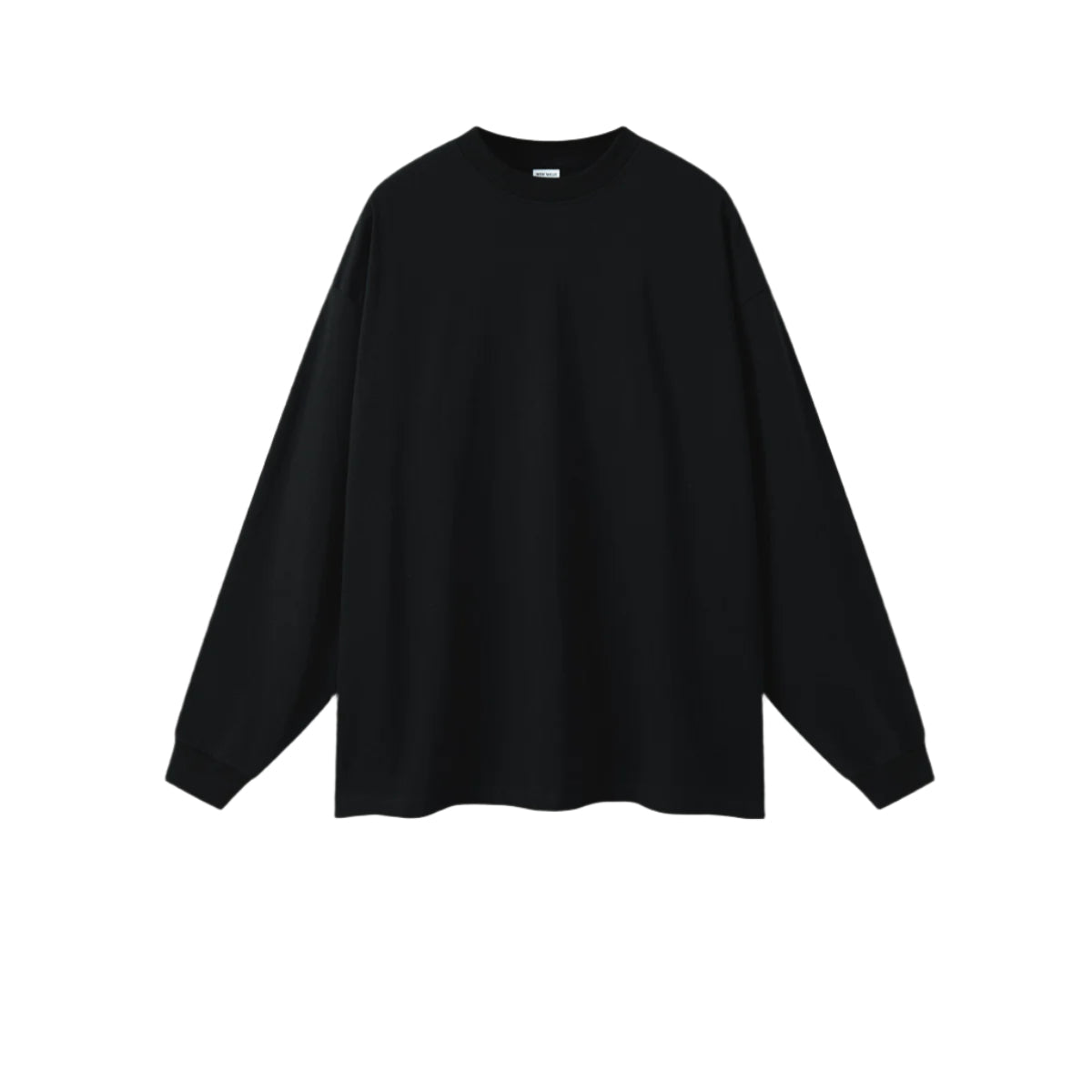 Black oversized long sleeve sweatshirt with crew neck and ribbed cuffs on plain background