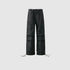 Black wide-leg cargo pants with drawstring hem, utility pockets and panel design displayed against light gray background