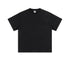 Black crew neck t-shirt with short sleeves and relaxed fit, displayed against white background