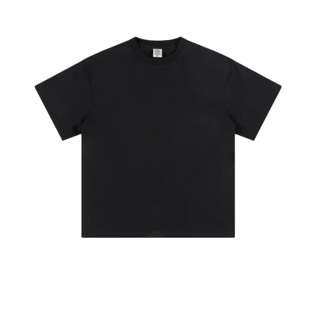 Black crew neck t-shirt with short sleeves and relaxed fit, displayed against white background