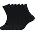 Six black cotton crew socks arranged in a line, showcasing essential sock color