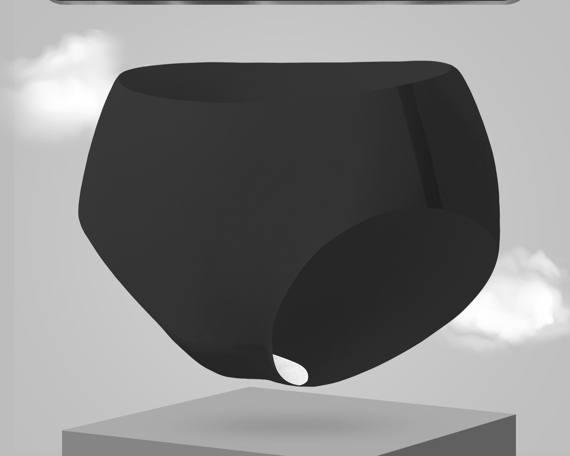 Ultra-thin cooling seamless brief in black color, floating above white pedestal with cloud effects in light gray background