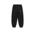 A pair of black jogger sweatpants with an elastic drawstring waist, ribbed cuffs, and a small embroidered logo on the left thigh
