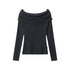 Black, off-shoulder long-sleeve sweater with a wide neckline, isolated on a white background.