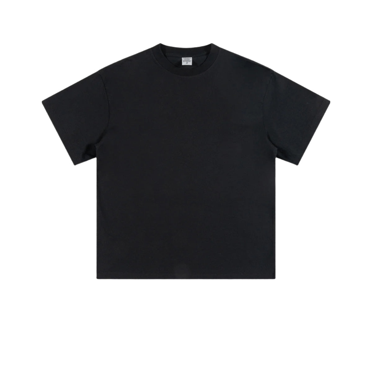 Product shot of black oversized t-shirt with crew neck and short sleeves on plain background