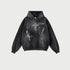 Black oversized hoodie with white cross graphic and artistic details, front view on plain background
