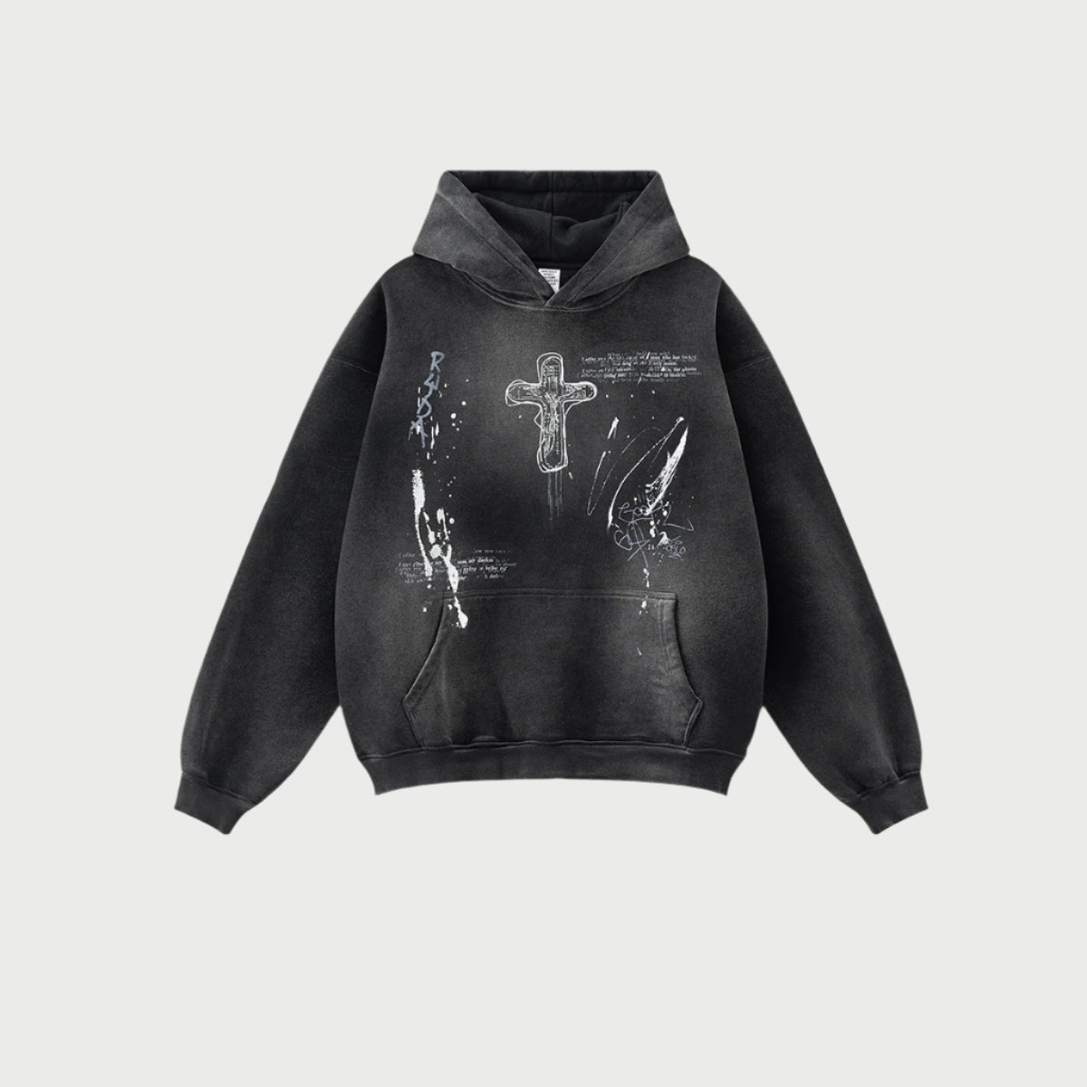 Black oversized hoodie with white cross graphic and artistic details, front view on plain background