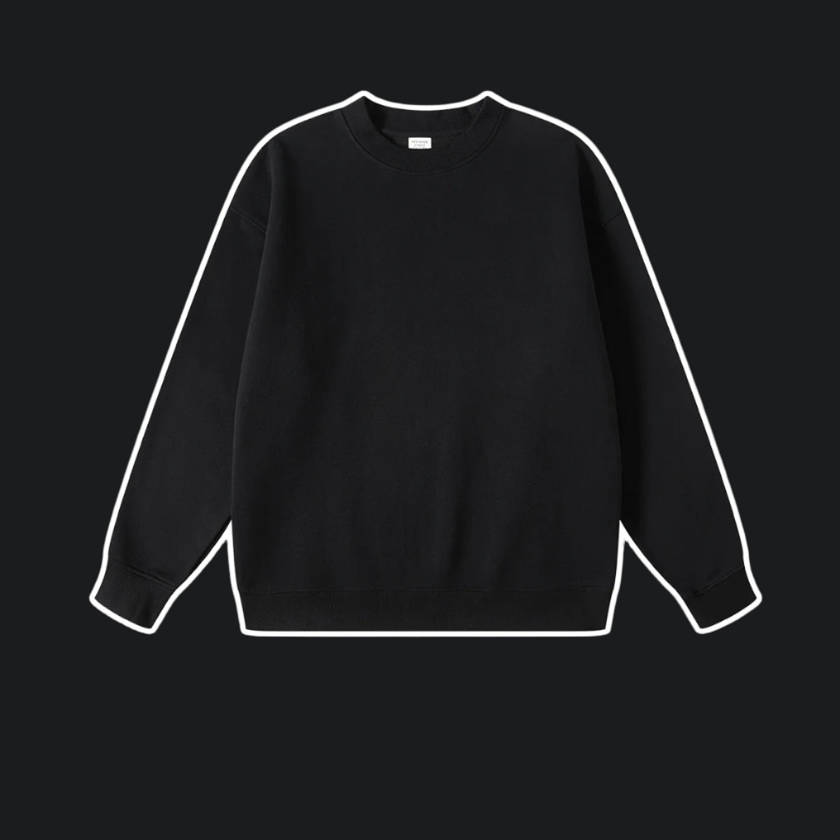 Black crewneck sweatshirt with ribbed trim displayed on dark background with white outline