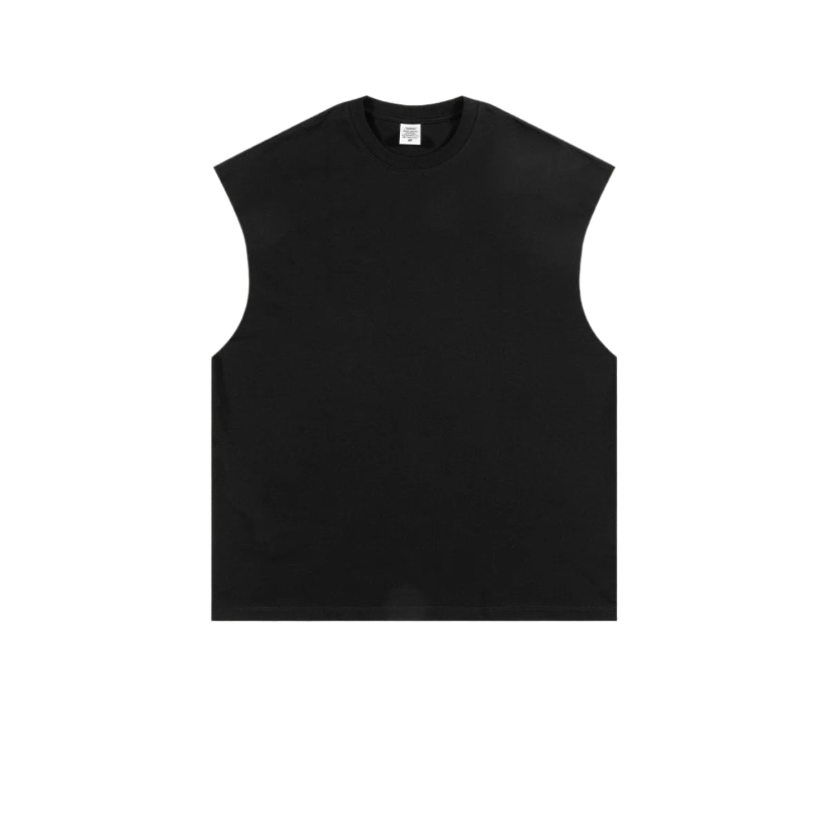 Black oversized sleeveless muscle tee with ribbed crew neckline and manufacturer's tag visible, displayed flat against white background