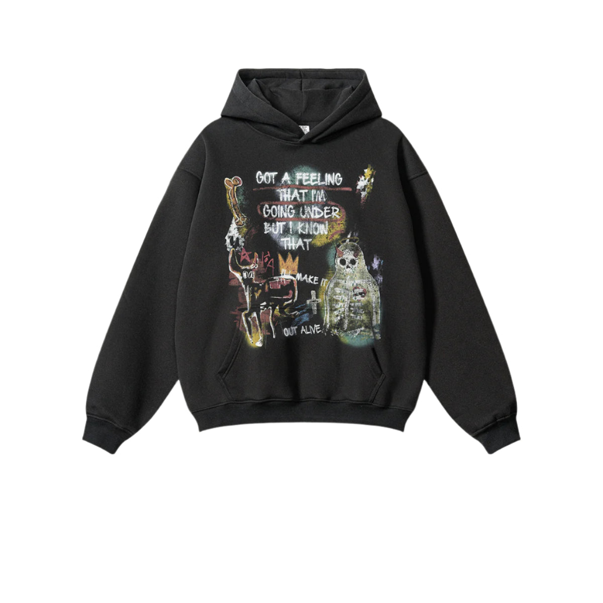 A black oversized hoodie with artistic graffiti-style graphic featuring skull imagery and lyrical text, displayed flat against white background
