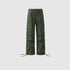 Olive green drawstring cargo pants with tiered panel design and utility pockets displayed flat against light gray background