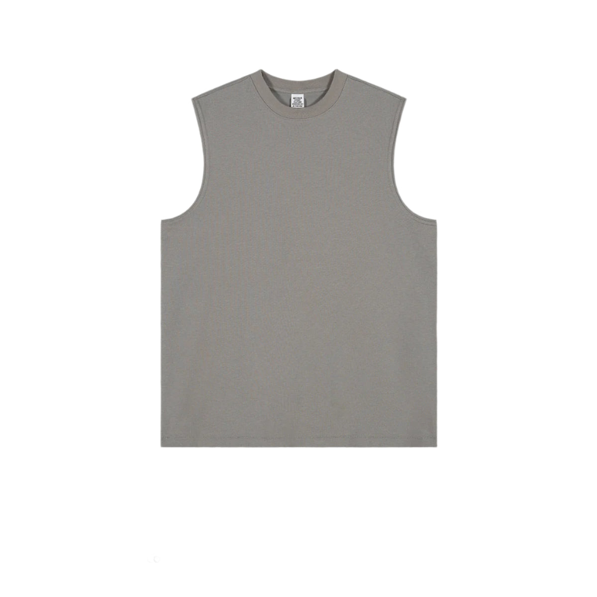 Medium gray sleeveless muscle tee with crew neck displayed flat on white background