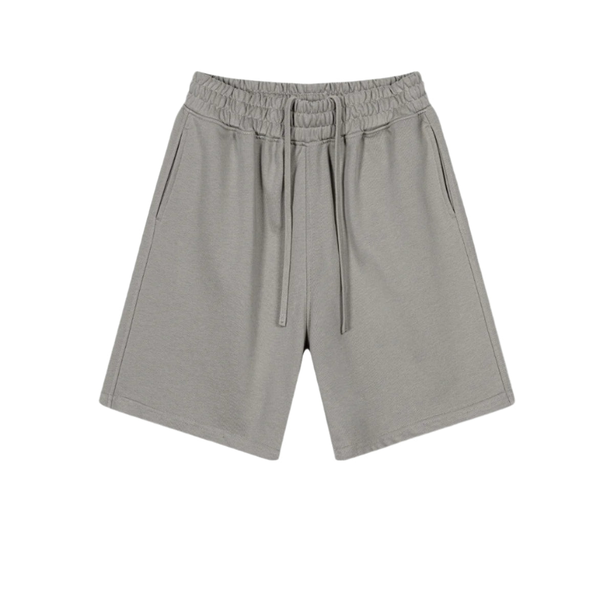 Light gray cotton shorts with elastic waistband and drawstring, featuring clean seams and relaxed fit, displayed flat