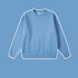 Light blue crewneck sweatshirt with ribbed collar, cuffs and hem displayed against matching blue background