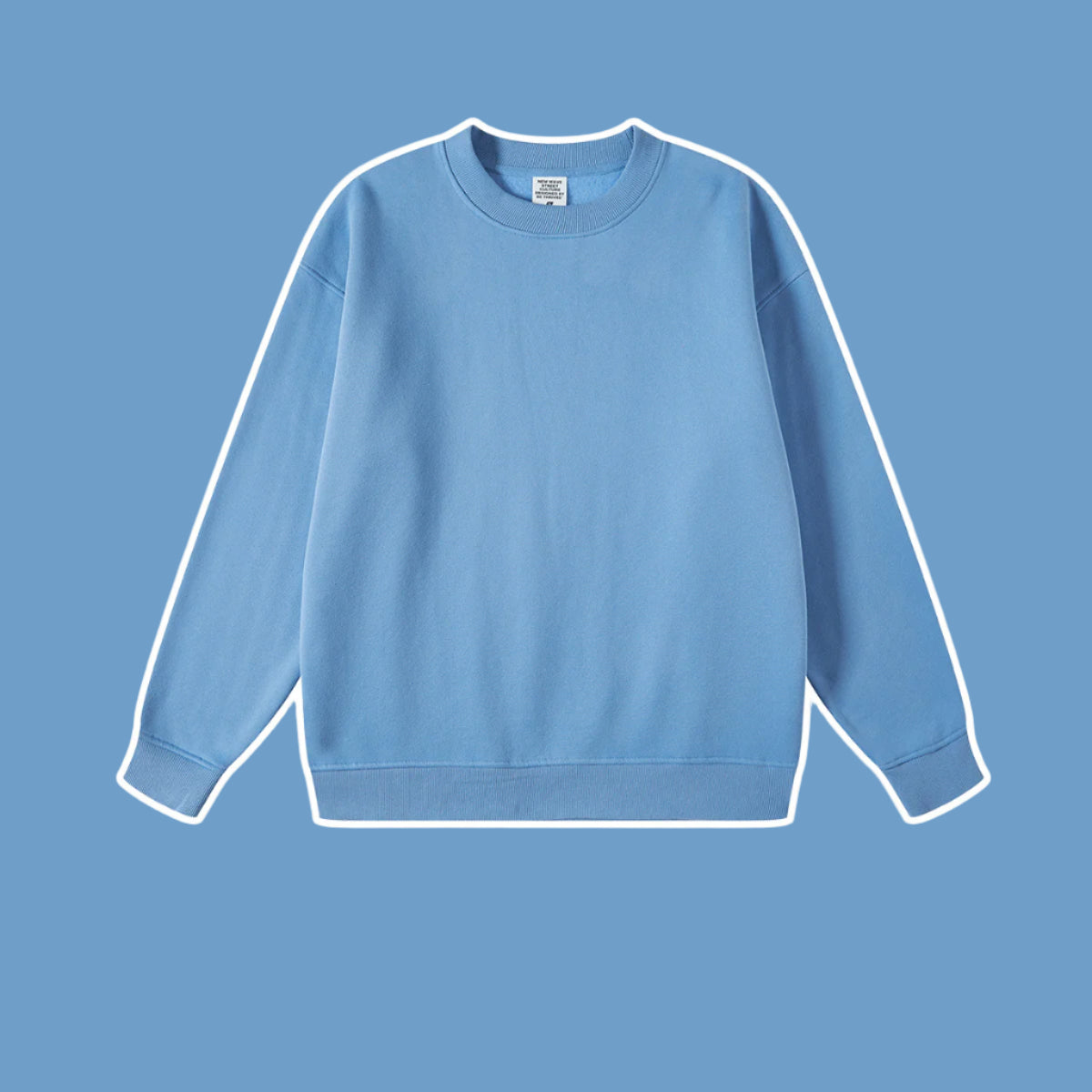 Light blue crewneck sweatshirt with ribbed collar, cuffs and hem displayed against matching blue background