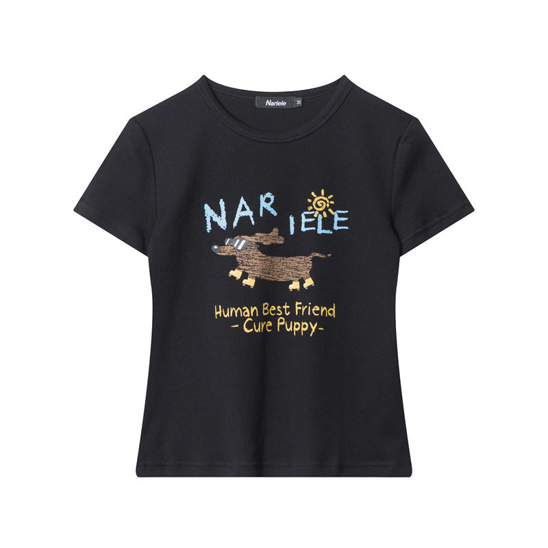 Black graphic t-shirt with 'Nariele' dog print, cute puppy illustration design