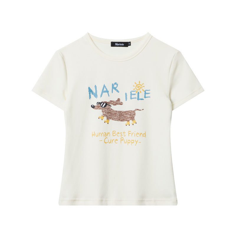 White graphic t-shirt with 'Nariele' dog print, featuring playful puppy artwork