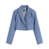 Light blue cropped blazer with single button and clean design on white background