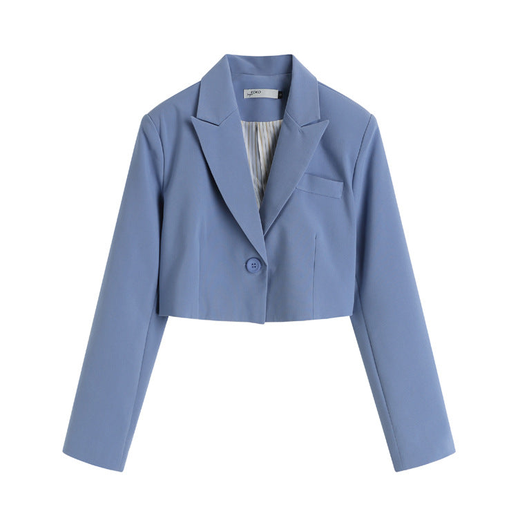 Light blue cropped blazer with single button and clean design on white background
