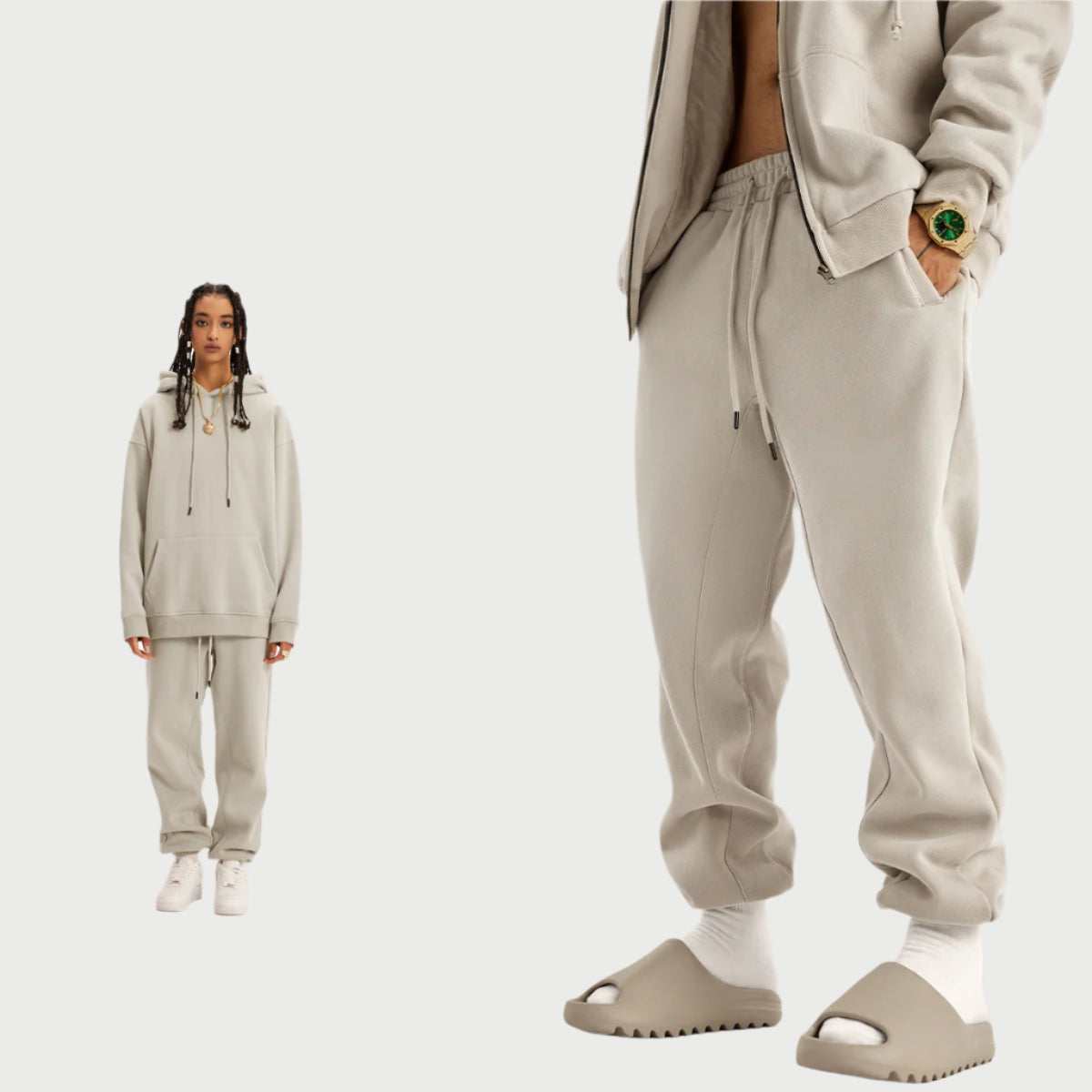 Model in cream-colored hoodie and sweatpants set with unzipped hoodie, gold watch, and beige slides against white background