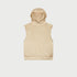 Cream sleeveless hoodie with hood detail and raglan seams displayed flat against light gray background