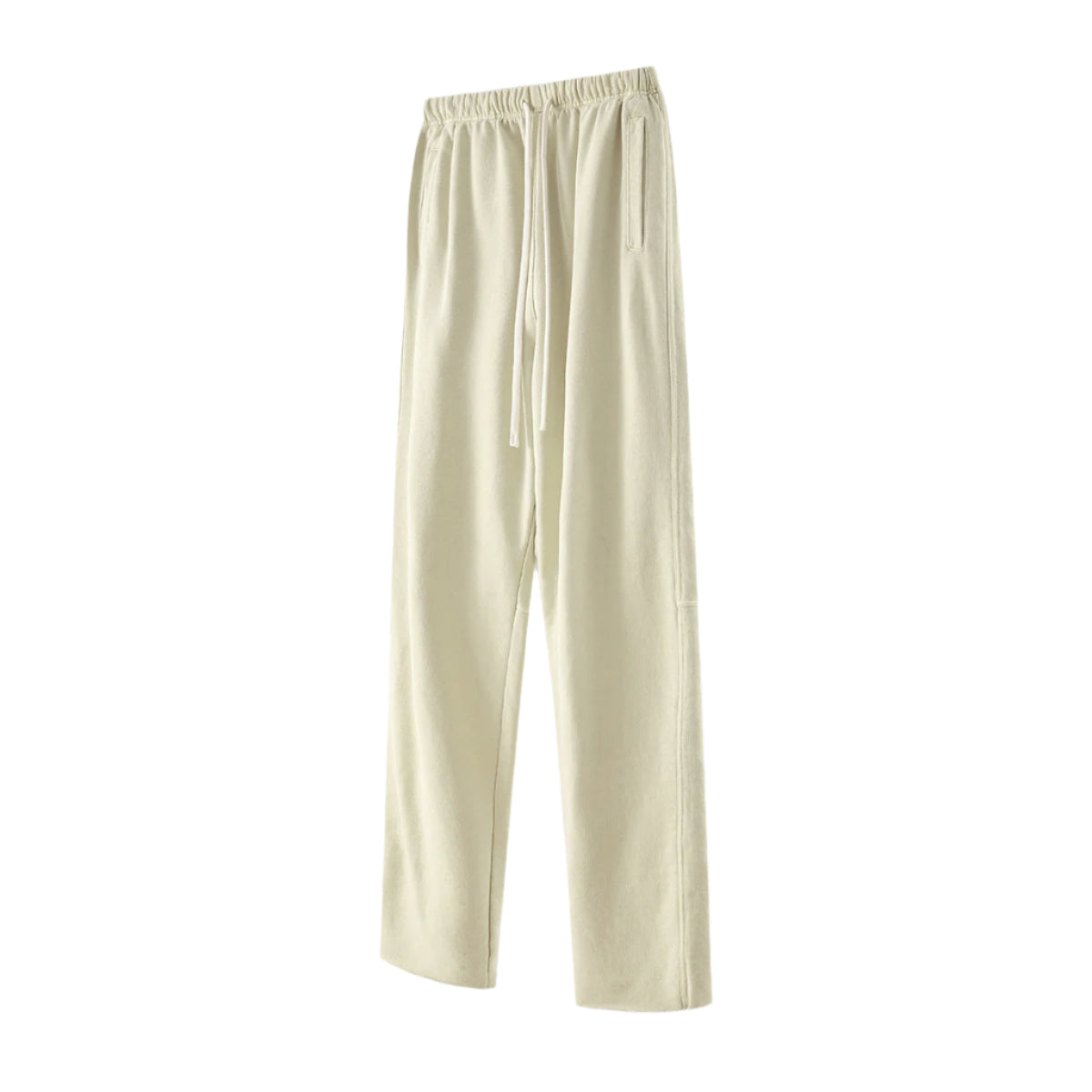 Cream colored sweatpants with elastic waistband and white drawstring, featuring side pockets and straight leg design