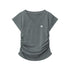 Gray v-neck t-shirt with side ruching and small logo detail, flat lay product photography on white background