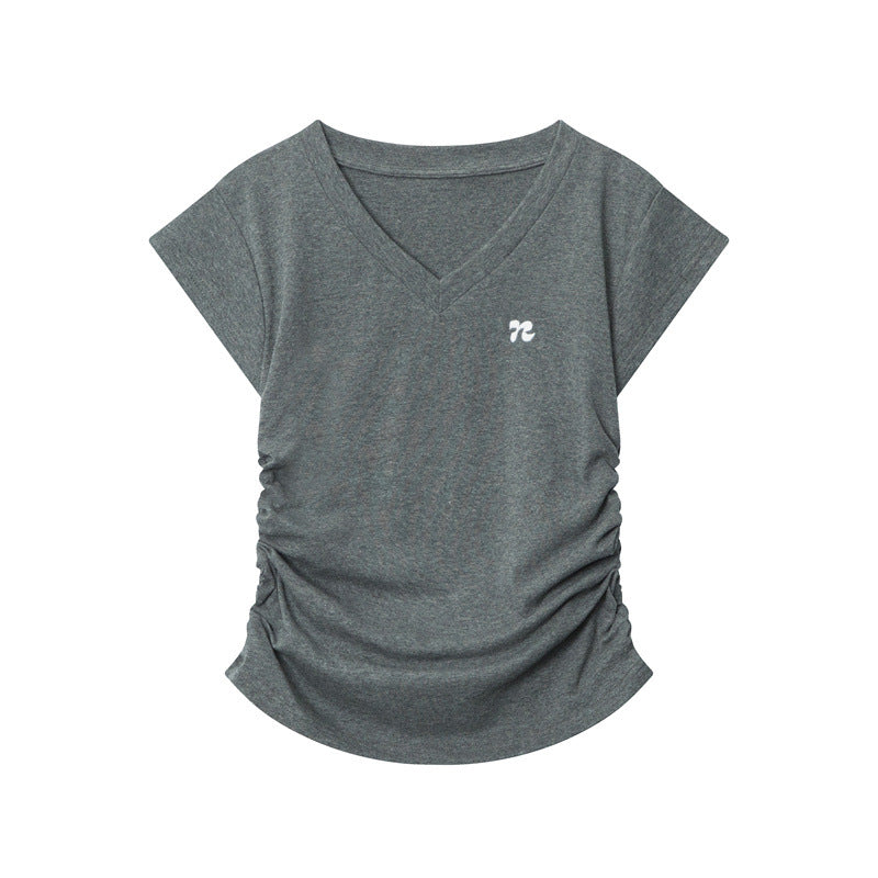 Gray v-neck t-shirt with side ruching and small logo detail, flat lay product photography on white background