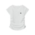 White v-neck t-shirt with black logo and ruched sides, classic minimalist design on white background