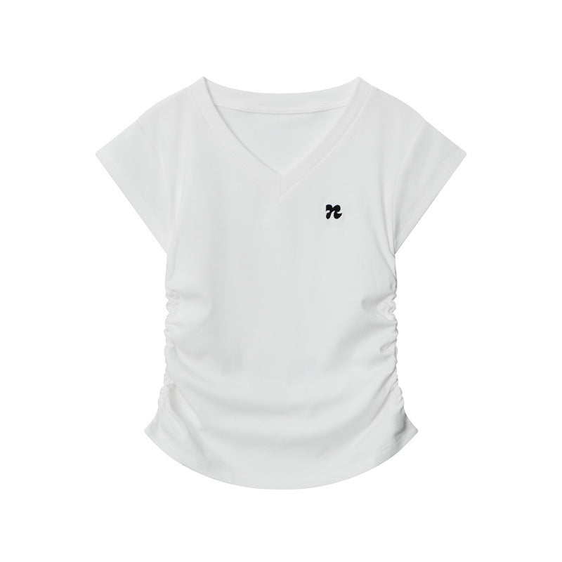 White v-neck t-shirt with black logo and ruched sides, classic minimalist design on white background