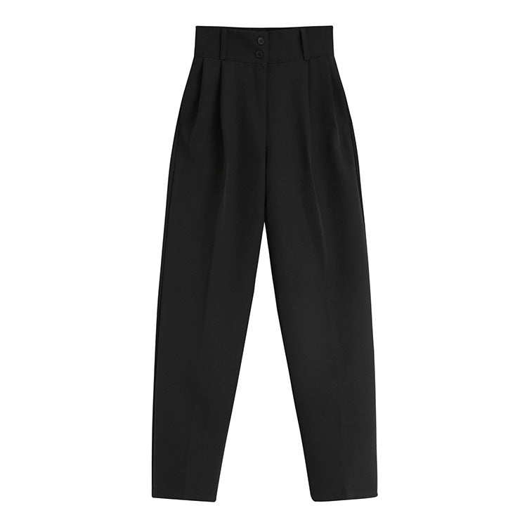 Black high-waist pleated pants with double button closure on white background