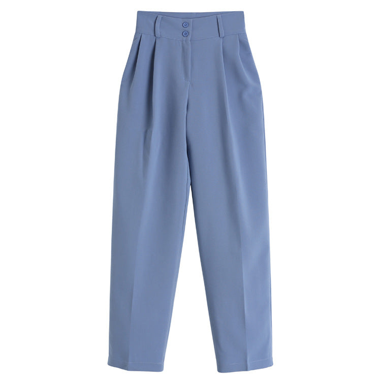 Light blue pleated trousers with high waist and double button detail