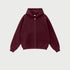 Burgundy oversized zip-up hoodie with front kangaroo pocket and ribbed cuffs displayed on light gray background