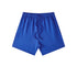 A royal blue pair of shorts with elastic waistband and matching drawstrings displayed on a white background
