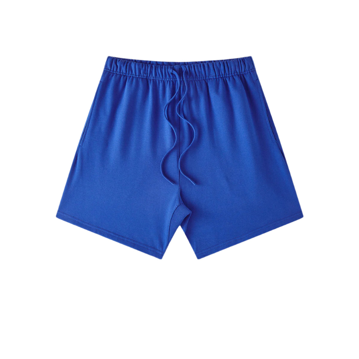 A royal blue pair of shorts with elastic waistband and matching drawstrings displayed on a white background