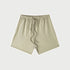 Beige drawstring shorts displayed flat against light gray background with elastic waistband