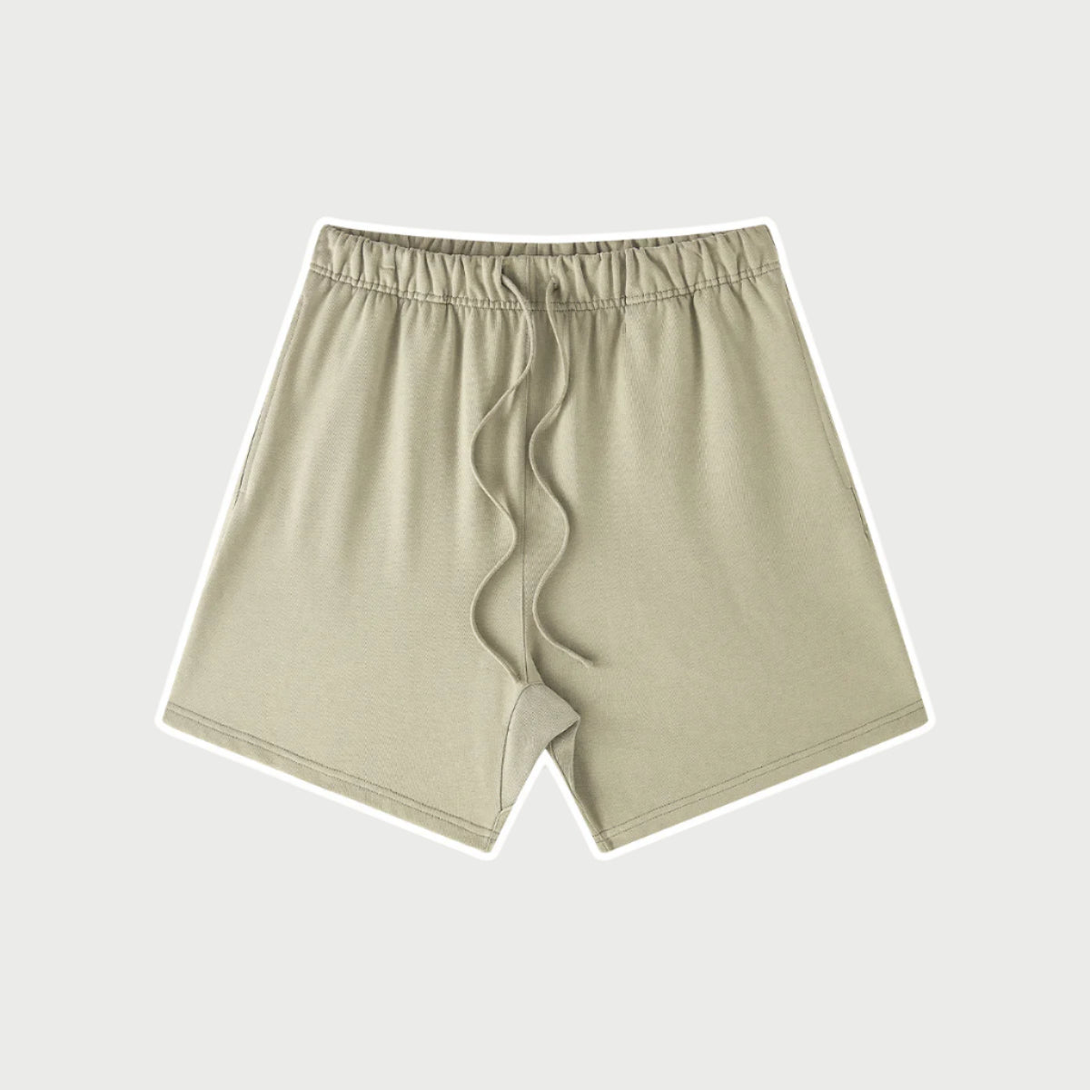Beige drawstring shorts displayed flat against light gray background with elastic waistband