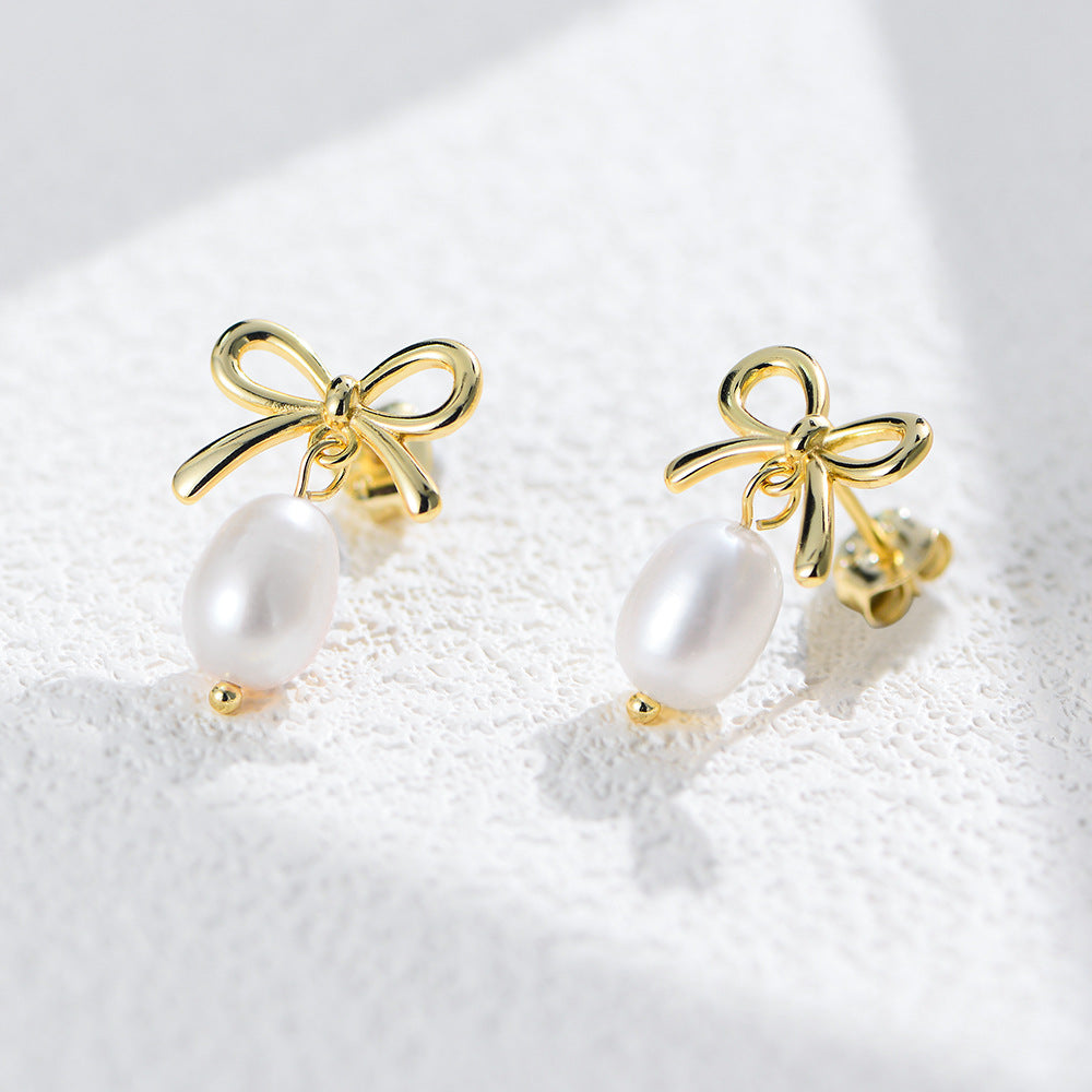 925 silver gold bow pearl earrings elegant stud design