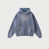 Blue-gray oversized hoodie with kangaroo pocket displayed against light gray background