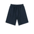 Navy blue cotton shorts with elastic waistband and drawstring, featuring clean minimal design with side pockets, displayed flat