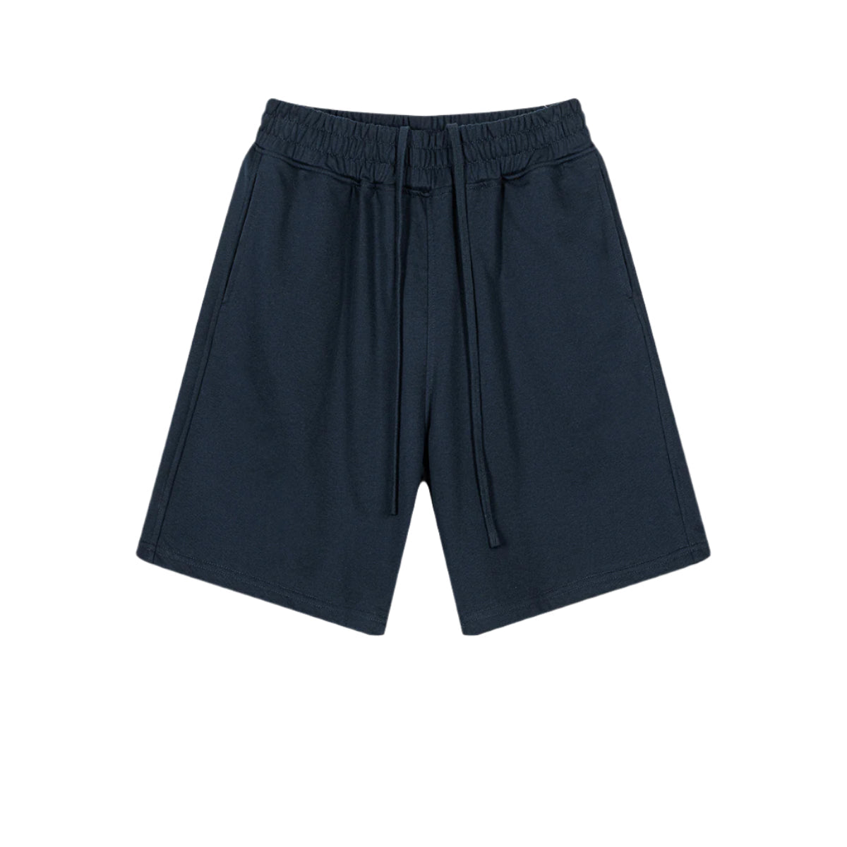 Navy blue cotton shorts with elastic waistband and drawstring, featuring clean minimal design with side pockets, displayed flat