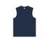 Navy blue sleeveless muscle tee with crew neck displayed flat on white background