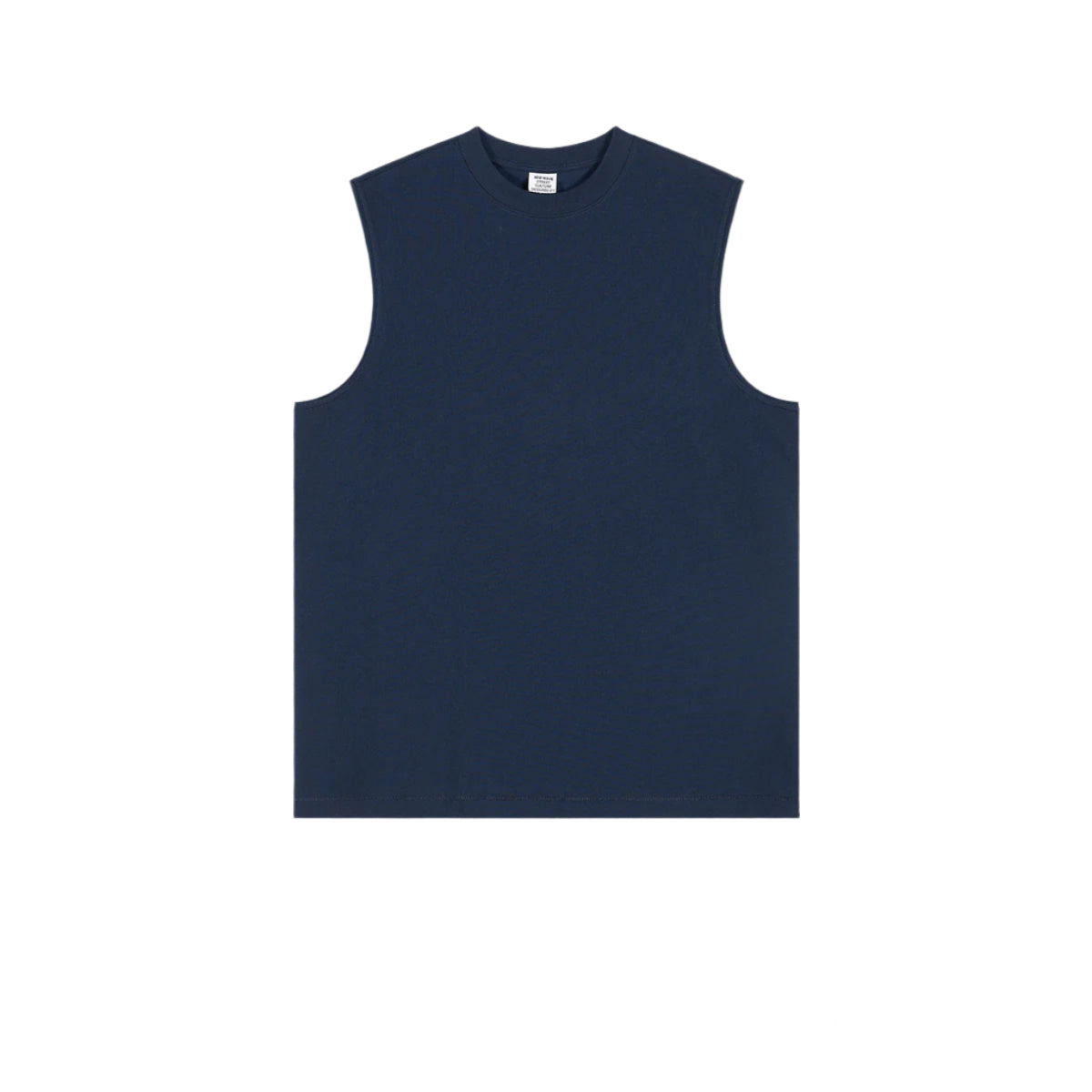 Navy blue sleeveless muscle tee with crew neck displayed flat on white background