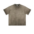 Front view of taupe-washed oversized cotton t-shirt with distressed neckline and relaxed fit silhouette