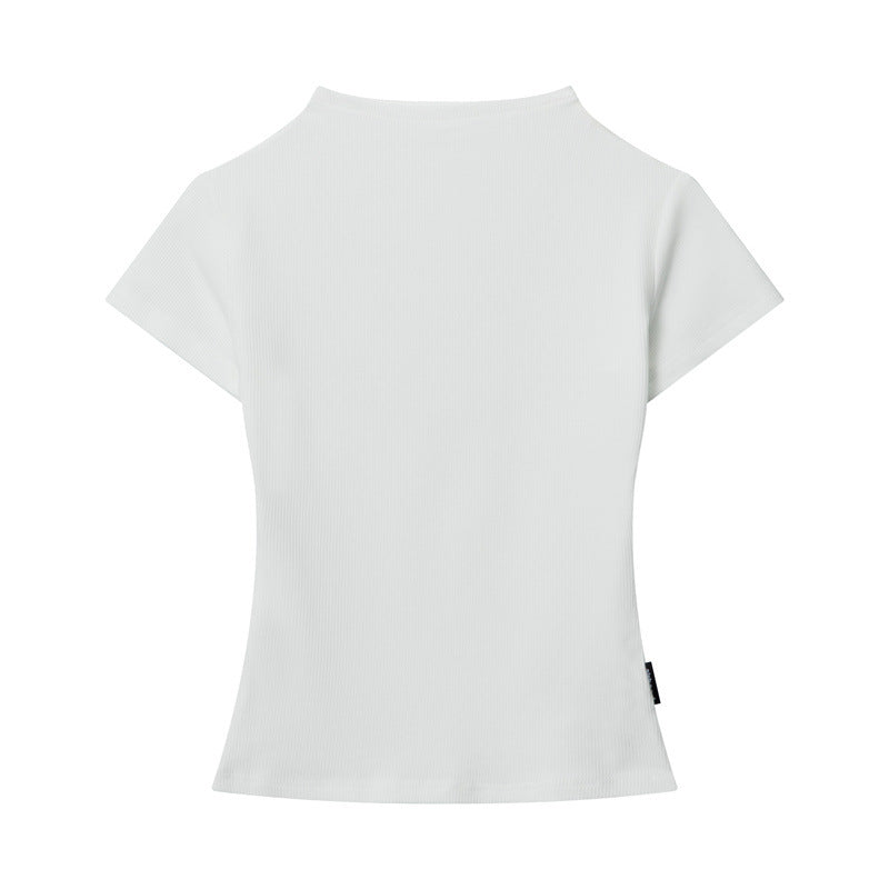 White ribbed fitted t-shirt with mock neck design and short sleeves, basic wardrobe essential back view