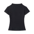 Black fitted mock neck t-shirt in ribbed fabric, showcasing minimalist design and slim fit back view