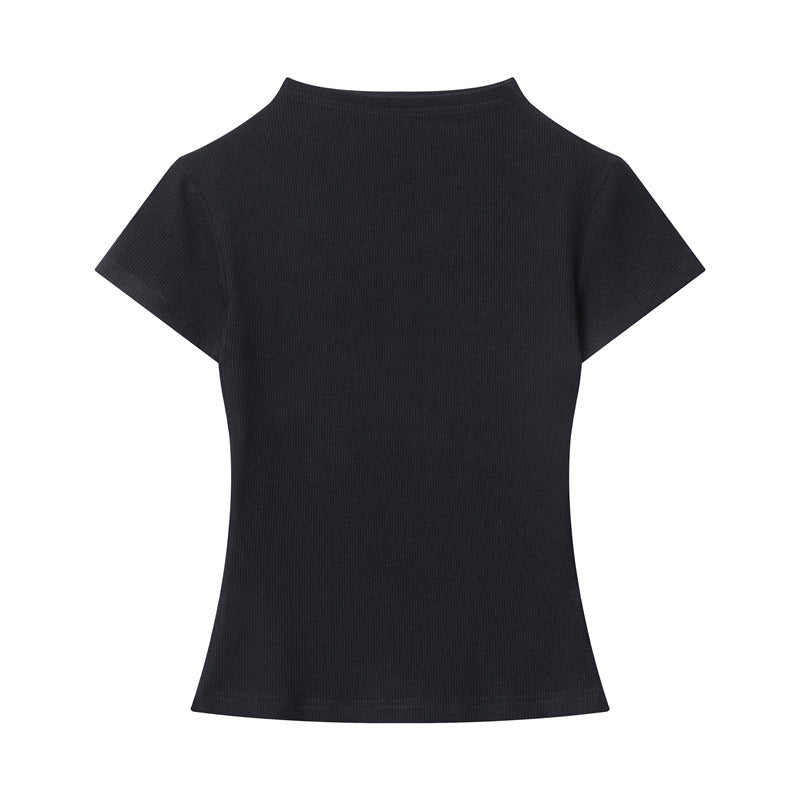Black fitted mock neck t-shirt in ribbed fabric, showcasing minimalist design and slim fit back view