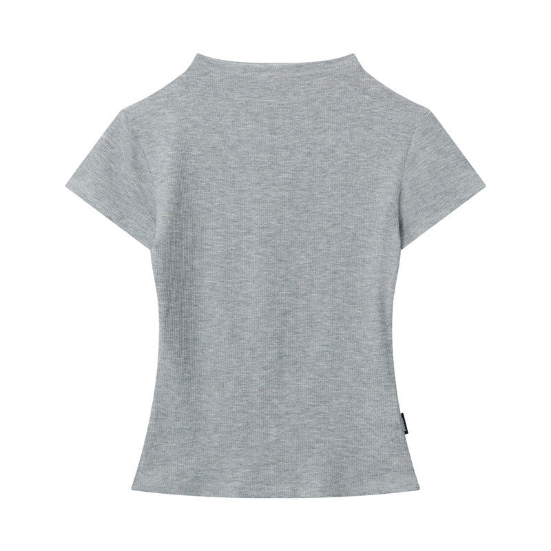 Gray ribbed t-shirt with mock neck, featuring fitted silhouette and premium fabric back view